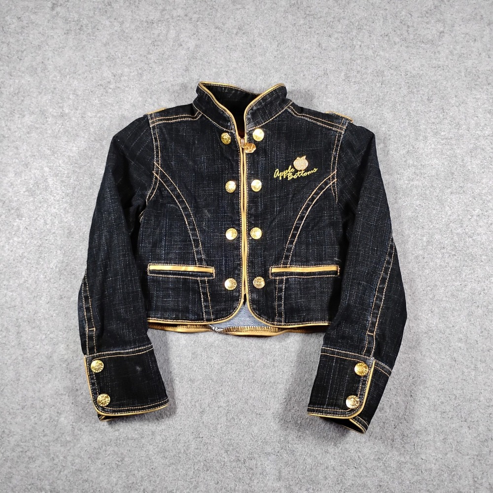 Apple Bottoms Cropped Denim Jacket Girls 6X Dark Wash Gold Trim Rhinestone Logo